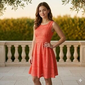 db established 1962 8 Coral Crochet Lace Fit & Flare Sleeveless Dress